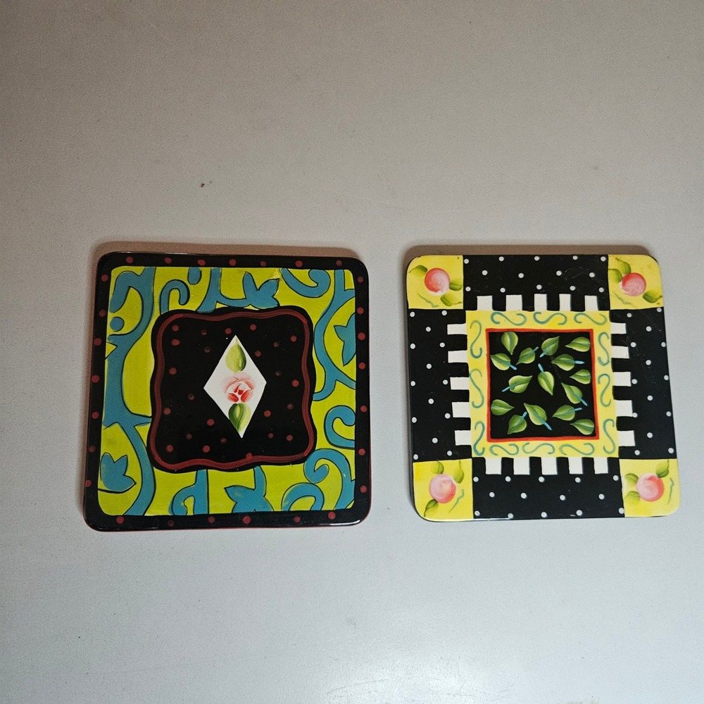 Vtg Joyce Shelton Set of 2 Whimsical Hand Painted Ceramic Tiles Cork Back Trivet